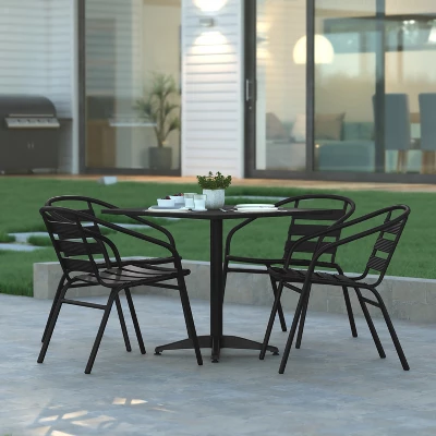 Emma And Oliver 31.5'' Square Aluminum Indoor-Outdoor Table Set With 4 Slat Back Chairs 1 Emma And Oliver 31.5'' Square Aluminum Indoor-Outdoor Table Set With 4 Slat Back Chairs