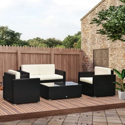 Outsunny 4-Piece Rattan Wicker Furniture Set, Outdoor Cushioned Conversation Furniture With 2 Chairs, Loveseat, And Glass Coffee Table 1 Outsunny 4-Piece Rattan Wicker Furniture Set, Outdoor Cushioned Conversation Furniture With 2 Chairs, Loveseat, And Glass Coffee Table