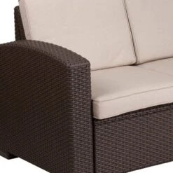 Merrick Lane Outdoor Furniture Resin Loveseat Chocolate Brown Faux Rattan Wicker Pattern 2-Seat Loveseat With All-Weather Beige Cushions -Sunnydaze Decor Store GUEST f19d1f70 9451 44d7 8dc9 94b4250c7f6b