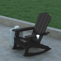 Emma And Oliver Adirondack Rocking Chair With Cup Holder, Weather Resistant HDPE Adirondack Rocking Chair