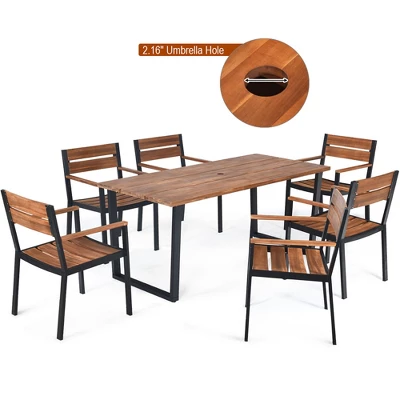 Costway 7PCS Patented Patio Dining Chair Table Set Acacia Wood Backyard W/Umbrella Hole 1 Costway 7PCS Patented Patio Dining Chair Table Set Acacia Wood Backyard W/Umbrella Hole