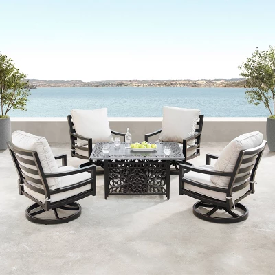 5pc Outdoor Dining Set With 48" Rectangle Fire Table & Deep Seating Swivel Rocking Chairs, Wind Blocker Lid & Covers - Oakland Living 1 5pc Outdoor Dining Set With 48" Rectangle Fire Table & Deep Seating Swivel Rocking Chairs, Wind Blocker Lid & Covers - Oakland Living