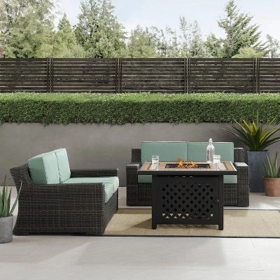 Beaufort 3 Pc Outdoor Wicker Conversation Set - 2 Loveseats With Fire Table - Mist/Brown - Crosley 4 Beaufort 3 Pc Outdoor Wicker Conversation Set - 2 Loveseats With Fire Table - Mist/Brown - Crosley - Image 4