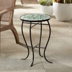 Teal Island Designs Modern Mosaic Black Round Outdoor Accent Side Table 14" Wide Aqua Blue Front Porch Patio Home House Balcony Deck Shed