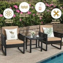 Costway 3PCS Patio Rattan Bistro Furniture Set Cushioned Sofa Chair Coffee Table Garden -Sunnydaze Decor Store GUEST f8812323 03d5 4e14 a67b df0f109d4456