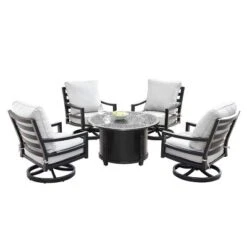 5pc Outdoor Fire Table Set With Geometric 44" Round Fire Table, 4 Deep Seating Swivel Rocking Chairs & Table Fabric Covers - Oakland Living