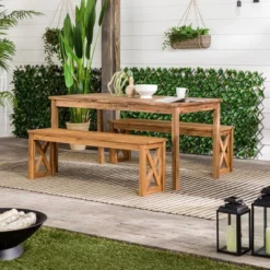 New Products 22 3pc Acacia Wood X Design Outdoor Patio Dining Set - Brown - Saracina Home