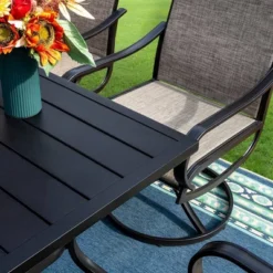 8pc Outdoor Dining Set With Metal Slat Top Table With Umbrella Hole & Swivel Chairs - Gray/Beige - Captiva Designs -Sunnydaze Decor Store GUEST fd1a59d4 e504 4054 939a b203afac95da